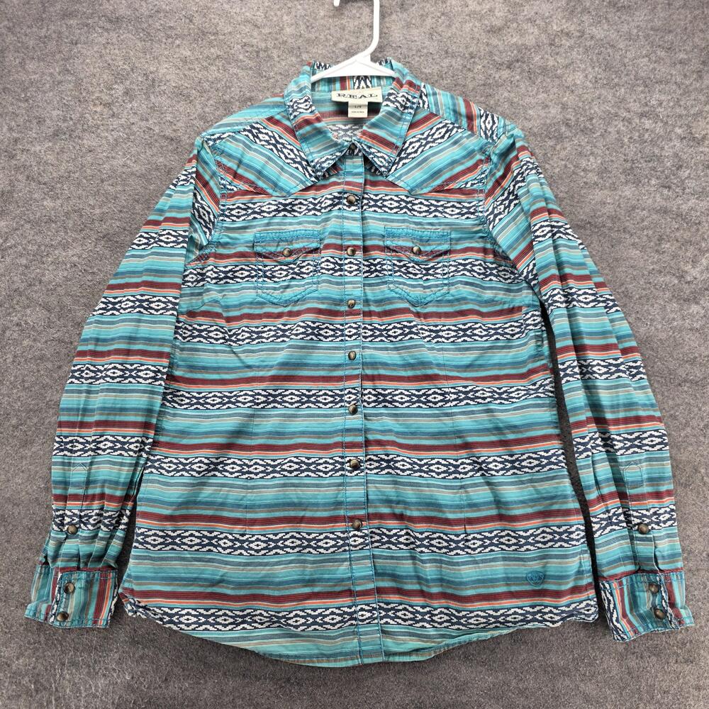 Ariat Button-Up Womens L Blue Long Sleeve Collared Snap Western Striped Aztec
